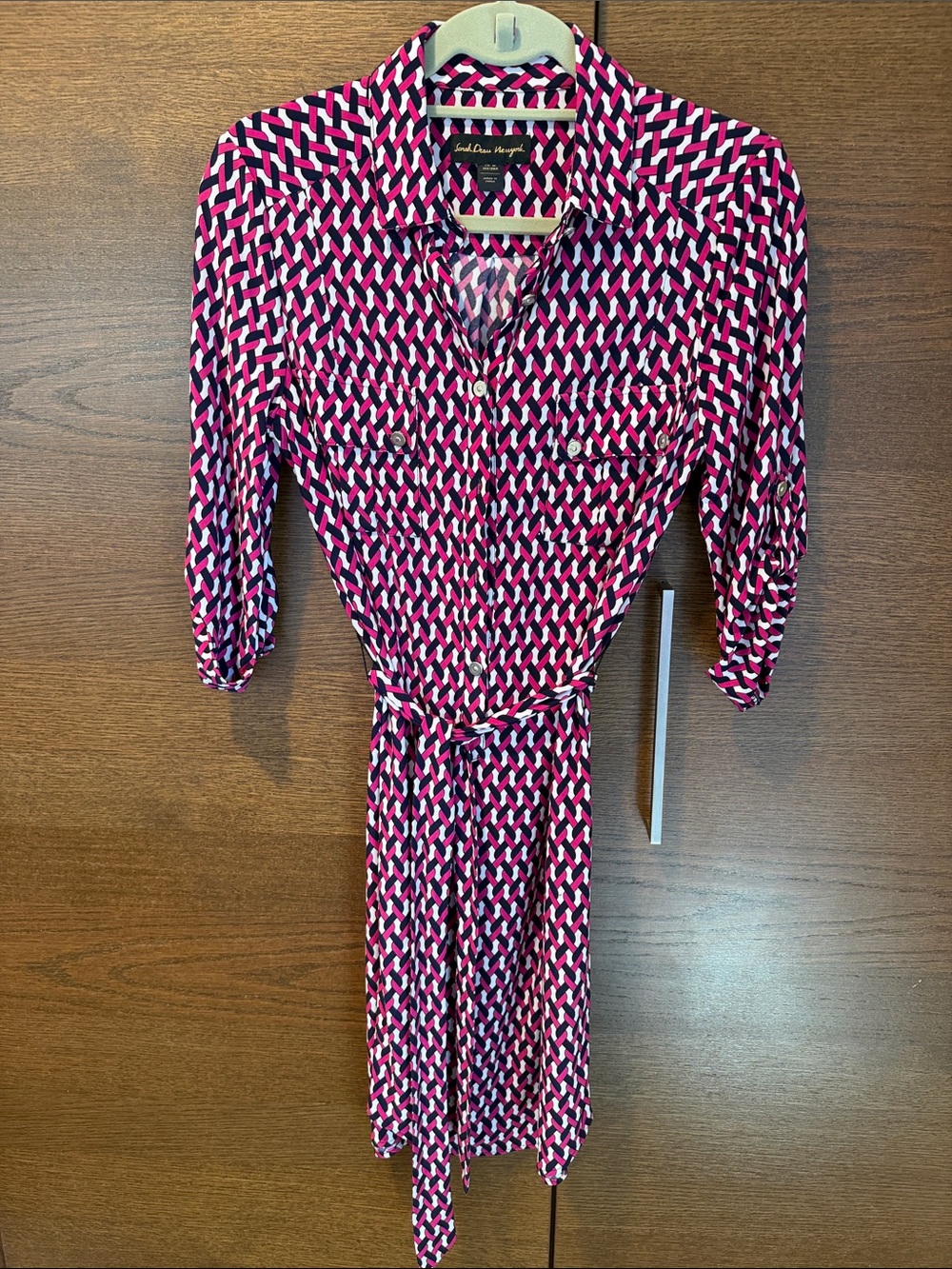 Geometric Pink Midi Shirt Dress with Tie Waist
